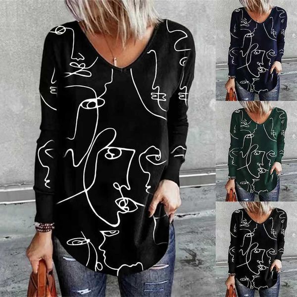 

women's t-shirt autumn and winter y2k streewear women's v neck face abstract print long-sleeved t-shirt casual loose pullover bott, White