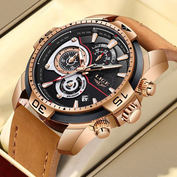 

wristwatches lige mens watches brand luxury leather strap waterproof sport quartz chronograph military watch for men clock relogio masculino, Slivery;brown