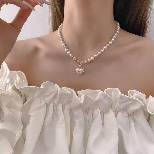 

chokers mengjiqiao korean elegant pearl beads necklace for women ladies fashion shell heart pendent choker jewelry 230103, Golden;silver