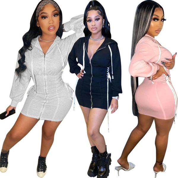

bulk wholesale hoodie dress women long sleeve hooded bodycon dresses fall winter clothes casual bandage hooded mini dress solid streetwear c, Black;gray