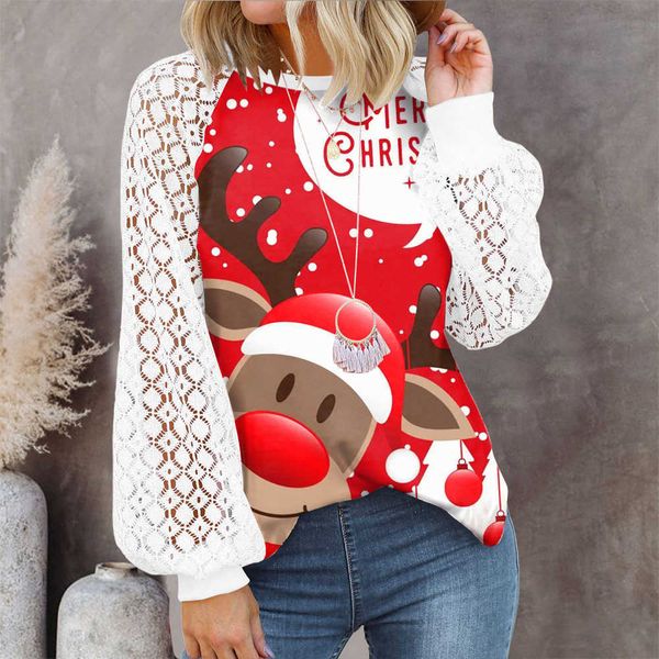 

women's t-shirt new autumn and winter elegant women's christmas printed lantern long-sleeved t-shirt lace o-neck daily casual loos, White