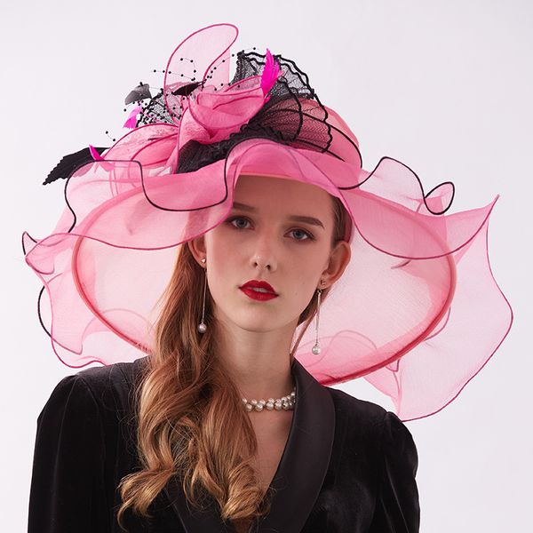 

fashion organza flat hats britain women's curly travel big flower decorated eave hat spring and summer edge curl eave sunshade cap js80, White