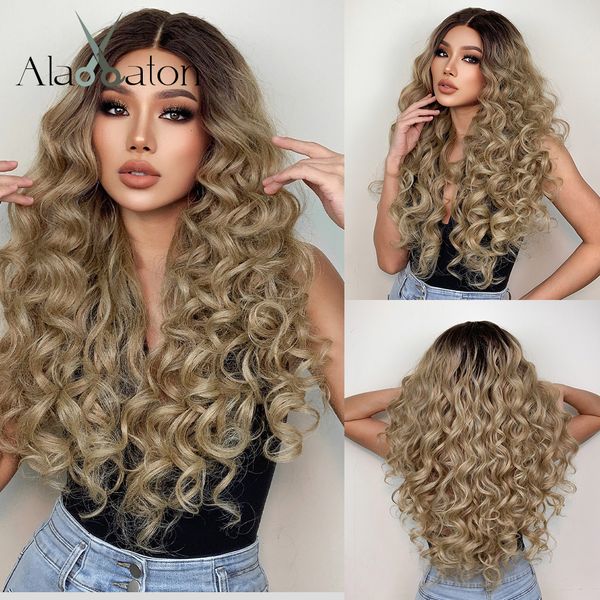 

long curly lace frontal wig for black women synthetic blonde wigs with dark roots honey brown hair 13x1 lace part wigfactory direct