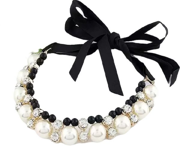 

dog collars & leashes fashion pearl decoration puppy cat collar chain ropes bow tie ribbon splice novelty pet necklace apparels