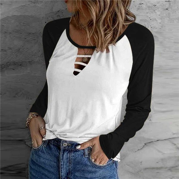 

women's t-shirt women t-shirt long sleeve crewneck hollow sweatshirt fall solid color stitching blouses casual loose fit tshirts fashio, White