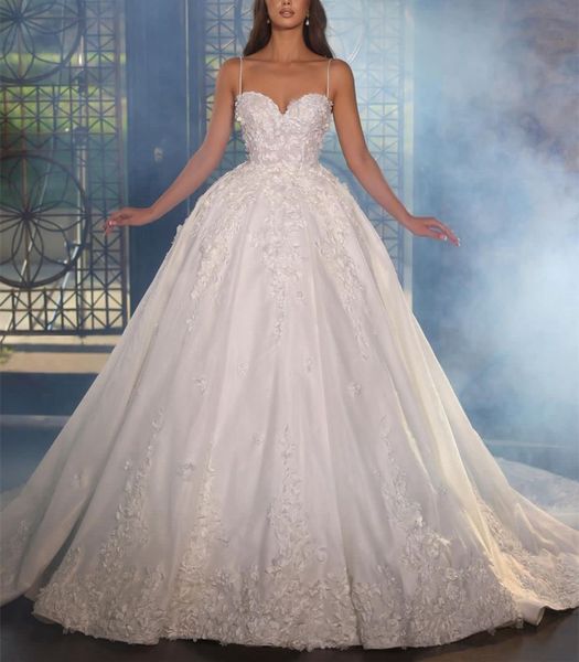 

luxury ball gown wedding dresses deep v neck sleeveless spaghetti straps beads applique sequins 3d lace flowers ruffles plus size formal bri, White