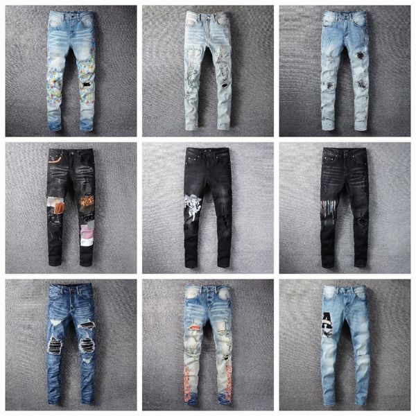 

designer mens jeans man distressed ripped skinny cowboy pant jean rock revival trousers straight slim elastic denim fit moto biker pants tre, Blue