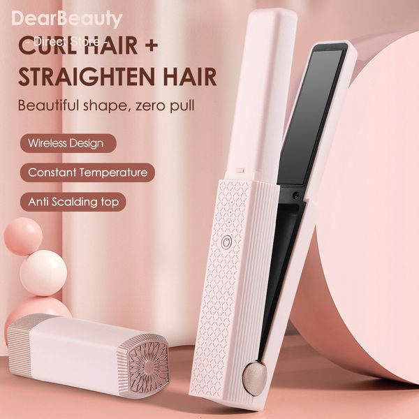 

curling irons 2 in 1 usb cordless hair straightener splint styling curler pink portable travel dorm for student unique gift 230104