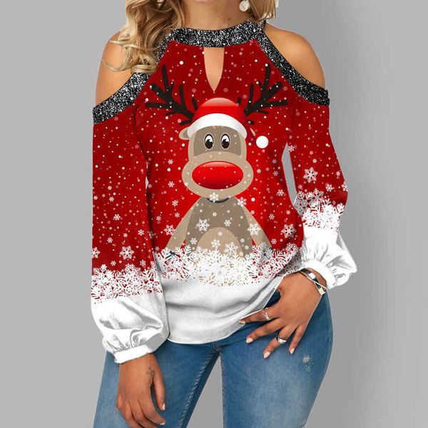 

women's t-shirt new 2022 women cute christmas elk print t shirt casual off shoulder loose pullover fashion long puff sleeve autumn clo, White