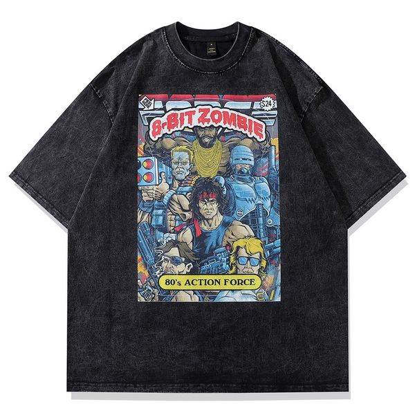 

men's plus tees hip hop cartoon print t-shirt washed t shirt summer vintage high street graphic tees, Black;brown