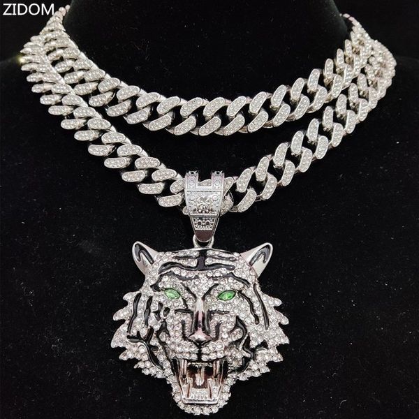 

chokers hip hop 3d tiger pendant necklace with 13mm crystal cuban chain hiphop iced out bling necklaces men women fashion charm jewelry 2301, Golden;silver
