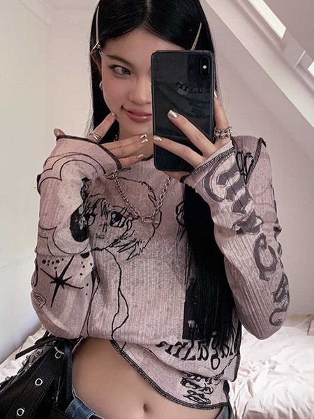 

women's t-shirt silm y2k o-neck anime cartoon prints for women clothes navel-less casual autumn outfit streetwear long sleeve pullover, White