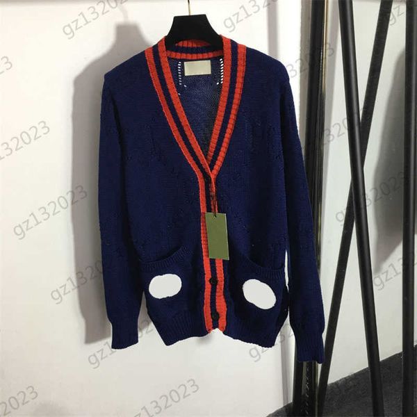 

sweater womens flocking embroidered letter pocket v-neck long sleeves knitted cardigan striped edge hollowed out design knitwear cardigan sw, White;black