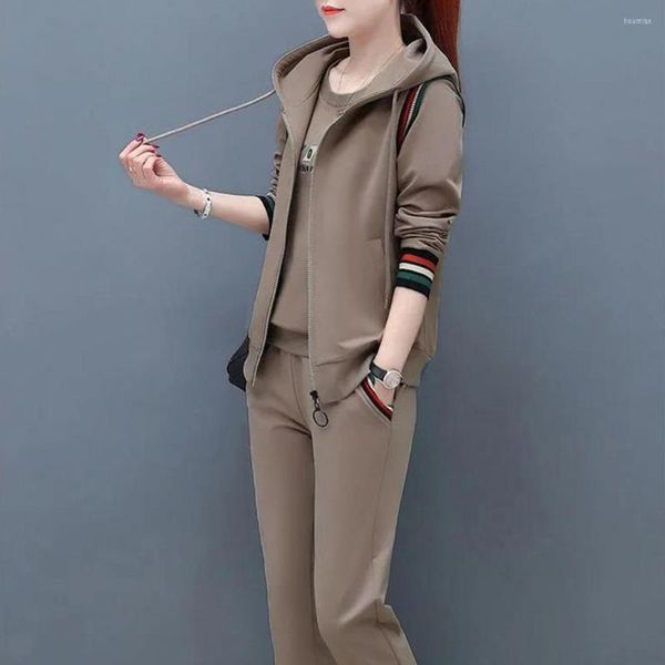 

women's two piece pants long sleeves 3 pcs/set chic cardigan women vest set sportswear sweatshirt print for daily wear, White