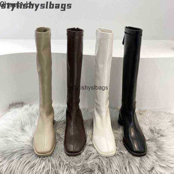 

boots women knee-high leather boots with wide calf zipper fashion square toe blakc female long boots winter women's shoes 010423h, Black