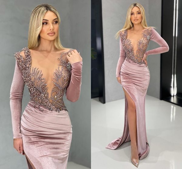 

pink mermaid prom dress sheer neck long sleeves side slit evening party gowns women elegant custom made vestido de gala, Black