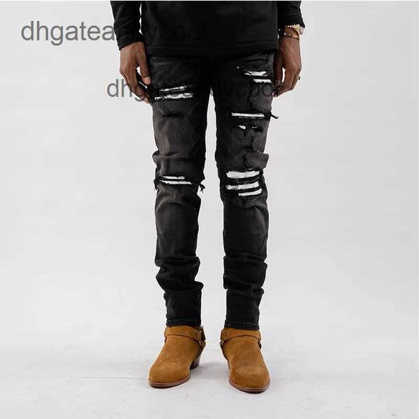 

wash pant street 2023 jean mens amirs ch high tide brand jeans water black designer knife cut hole white patch elastic slim fit small leg je, Blue