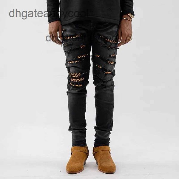

brand 2023 used amirs street jeans water designer jean tide mens washing pant ch high black leopard print pasted cloth hole elastic slim fit, Blue
