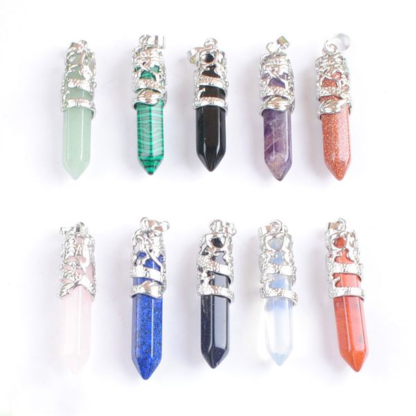 

yowost dangle myth dragon wrapped stone pendant charm amulet hexagonal pillar natural gemstone fashion jewelry for women men gift bn507, Silver