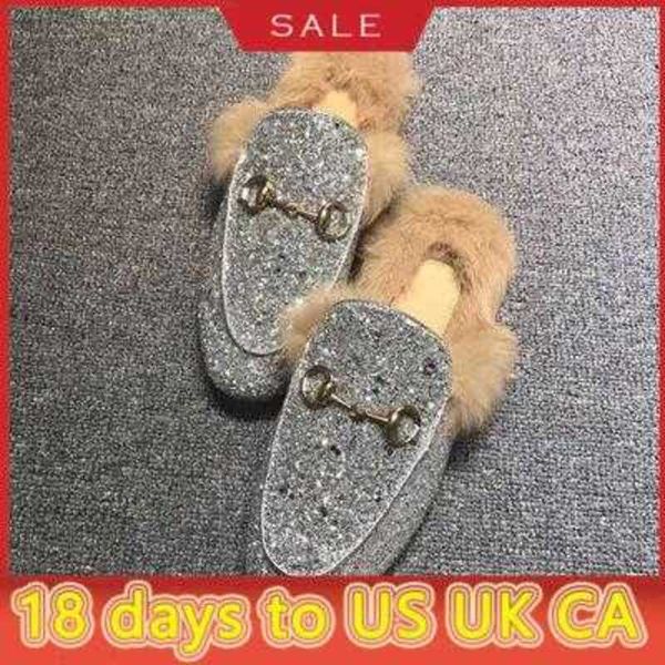 

winter men wool slippers classic designer lazy flat baotou flip flops 100% leather lady slides suede letter cowhide metal mens with fur85v2, Black
