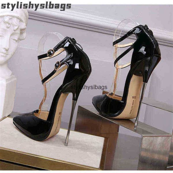 

dress shoes crossdresser shoes zapatos mujer 16cm thin heels sandals women wedding pumps bridal buckle patent leather stiletto drop shipping, Black