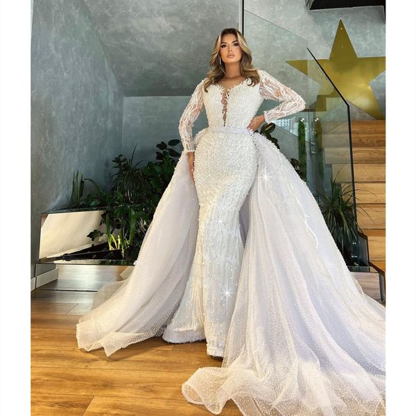 

luxury ball gown wedding dresses appliques v neck long sleeves sequins beads ruffles pearls 3d lace floor length detachable train formal dre, White