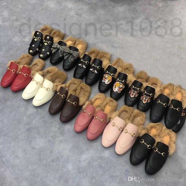 

winter men wool slippers classic designer lazy flat baotou flip flops 100% leather lady slides suede letter cowhide metal mens with fur, Black