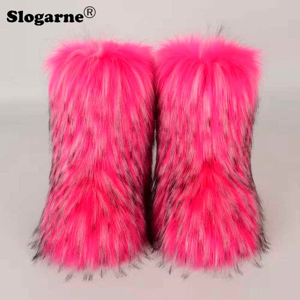 

boots women's winter fluffy faux fur woman plush warm snow luxury footwear girls' ry bottes fashion shoe 221215, Black