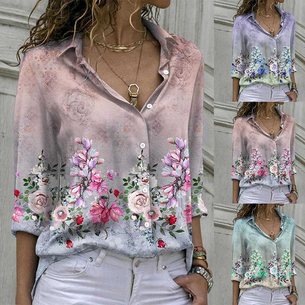 

women's t-shirt autumn/summer 2022 elegant fashion women's long sleeve loose shirt casual abstract floral theme printed daily butt, White