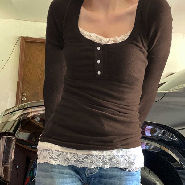 

women's t-shirt kawaii white lace trim tshirt chic women autumn vintage slim fit pullovers y2k fairycore grunge retro full sleeve tees