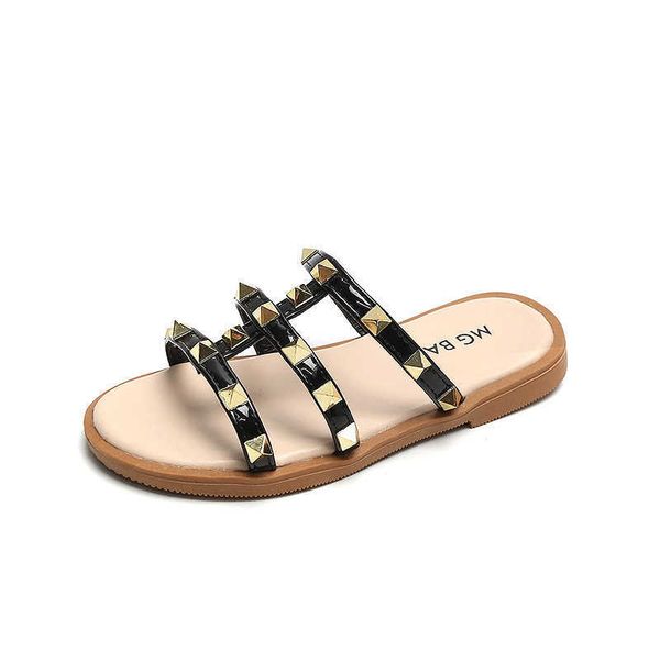 

slipper summer new rivet sandals and slippers casual flats outer wear simple western style girls slippers non-slip fashion cool kids t230105, Black;grey
