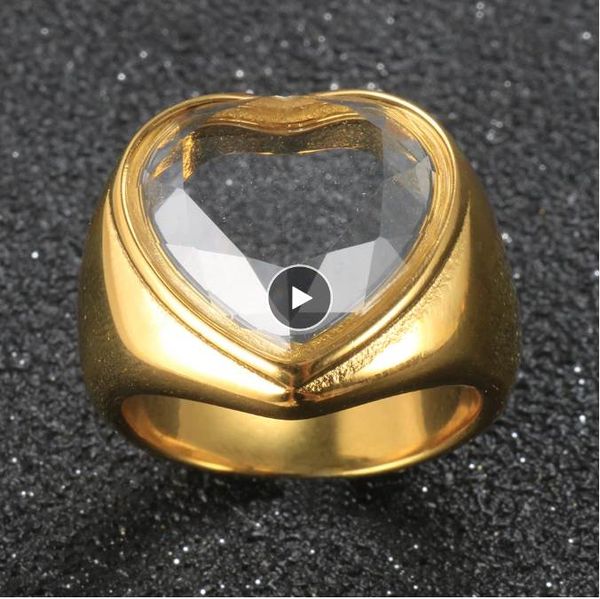 

trend women luxury crystal zircon transparent heart ring stainless steel wedding jewelry gift lover party rhinestone ring, Golden;silver