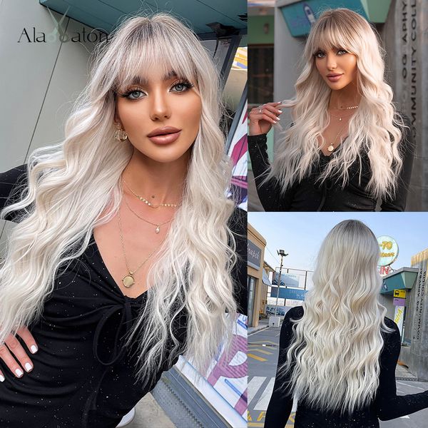 

platinum white gray ombre synthetic wigs for women afro long water wave wigs with bangs futura hair heat resistantfactory direct, Black