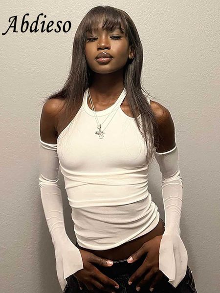 

women's t-shirt abdieso y2k streetwear mesh cut out crop women white see through fashion 2022 fall skinny long sleeve basic t shirts t2