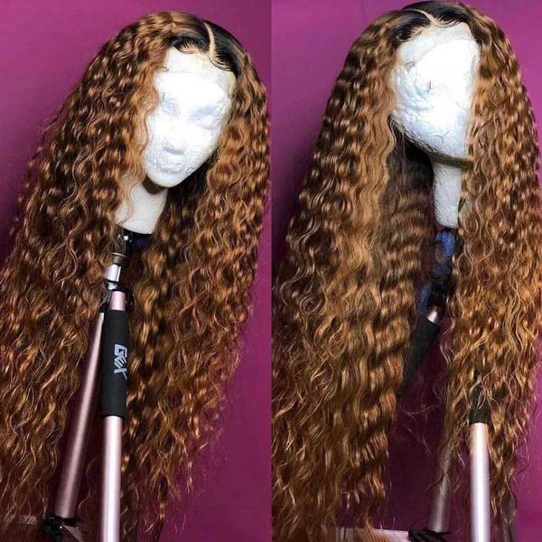 

lace wigs kryssma afro kinky curly heat resistant synthetic hair ombre brown front for balck women pre plucked babyhair 221216, Black;brown