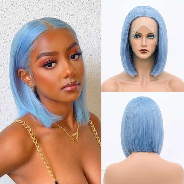 

lace wigs blue short straight bob front wig synthetic wgis for black women blonde pink orang cosplay lolita natural frontal hair 221216, Black;brown