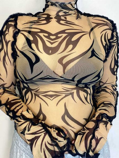 

women's t-shirt y2k for women full sleeves graphic t shirts fashion aesthetic clothes turtleneck see through woman tshirts egirl tees, White