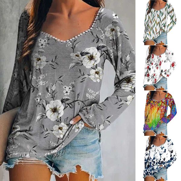 

women's t-shirt autumn winter 2022 new women's elegant lace floral printed casual t-shirt casual v neck loose long sleeve pullover, White
