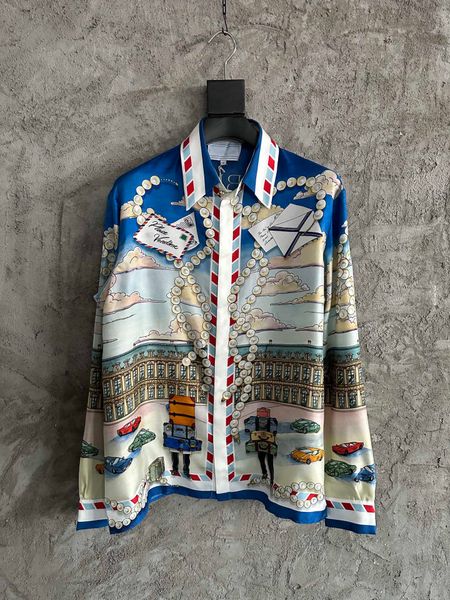 

2023 men's casual shirts car print pattern silk long sleeve classic style spring polo t-shirt lapel neck casual women, White;black