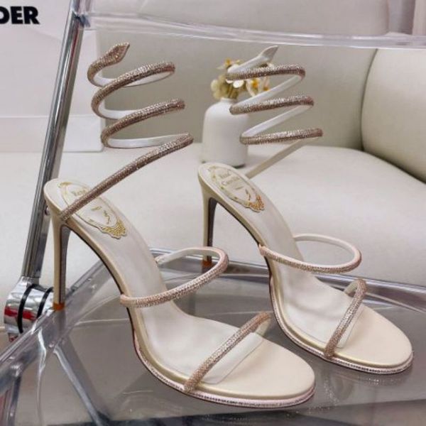 

stiletto heel sandals rene caovilla cleo crystal studded snake strass ankle wraparound dress shoes designers high heeled rhinestone rome wom, Black