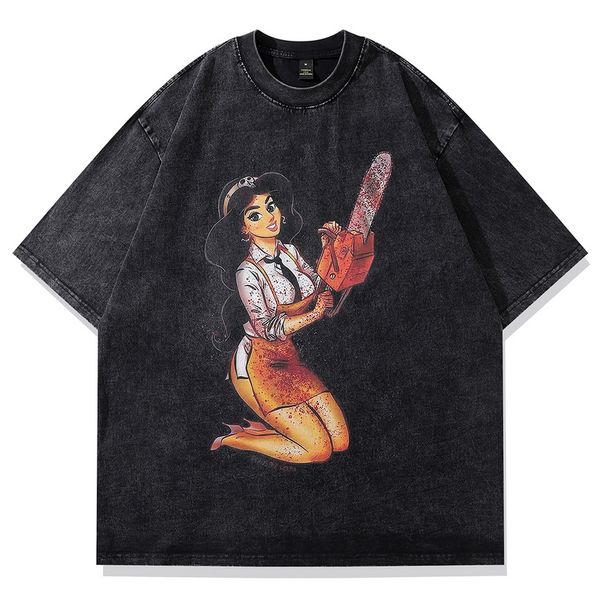 

men's plus tees washed t-shirt streetwear hip hop vintage cartoon graphic print casual short sleeve tee shirt, Black;brown