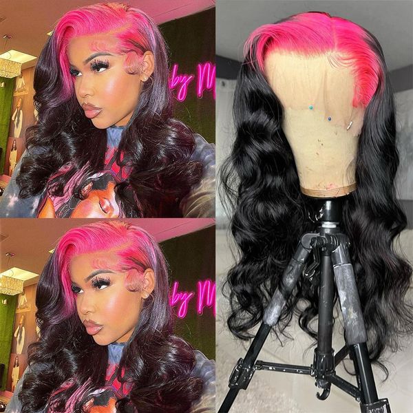 

Density 180% Black Pink Highlight Human Hair Wigs 13x4 Body Wave Lace Front Wig HD Transparent Lace Synthetic Preplucked