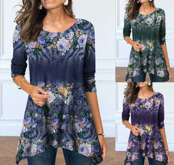 

women's t-shirt autumn winter women's casual elegant flower t-shirt round neck long sleeve print fashion pullover oversize new des, White