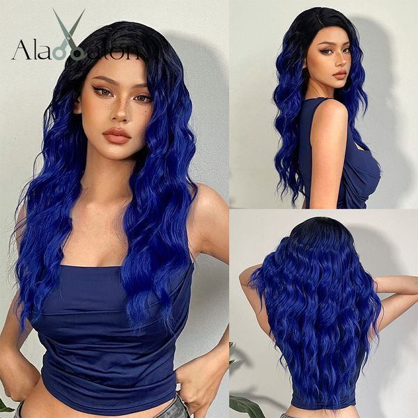 

sapphire blue hair wigs with black roots long curly side parting lace ftontal wigs for women afro cosplay heat resistfactory direct