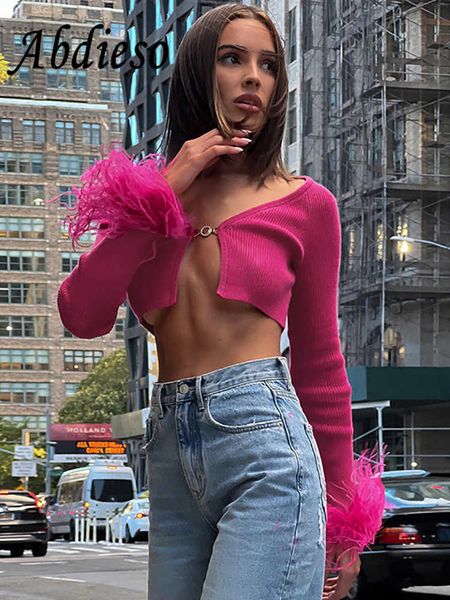 

women's t-shirt abdieso y2k knitted feather long sleeve t shirt women cardigan 2022 autumn winter v neck slim crop fashion street t230, White