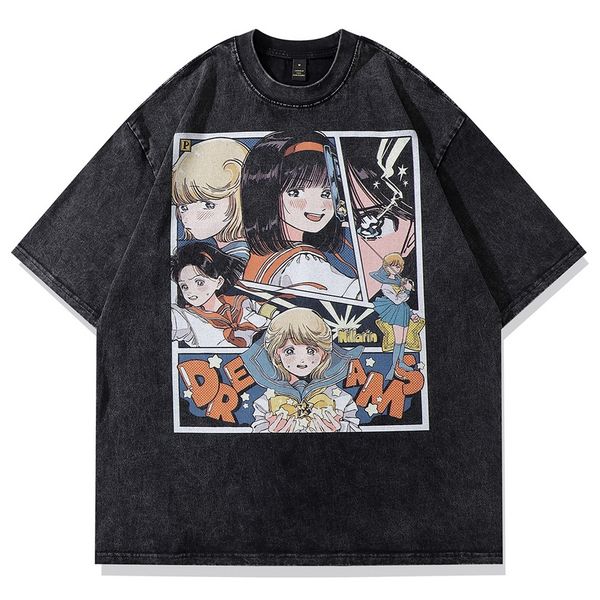 

hip hop streetwear vintage 2023 tee men women pattern print washed short sleeve streetwear tees, Black;brown