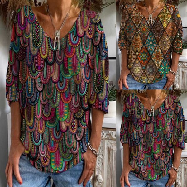 

women's t-shirt 2022 autumn winter women's casual v neck 3/4 sleeve loose pullover retro digital printed t-shirt daily fashion new, White