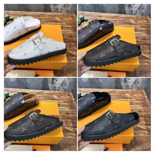 

designer sandal cosy comfort clog mules sandals women men flat fur leather mule slippers fashion winter warm plush slides adjustable, Black