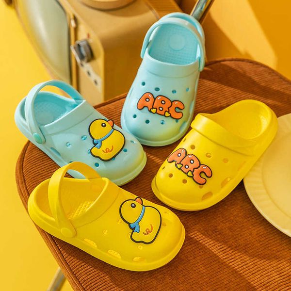 

slipper children' slippers summer indoor light boys soft bottom non-slip cartoon duck children beach covered toes hole shoes for girls, Black;grey