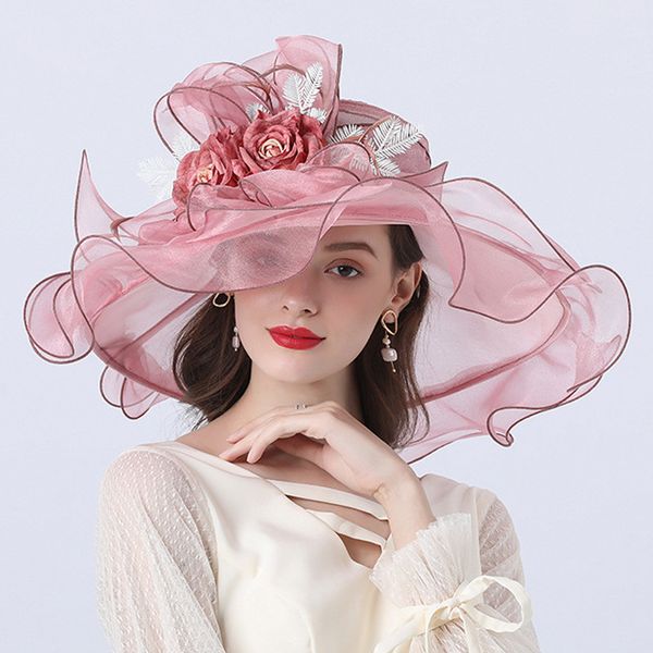 

fashion organza flat hats britain women's curly travel big flower decorated eave hat spring and summer edge curl eave sunshade cap js83, White